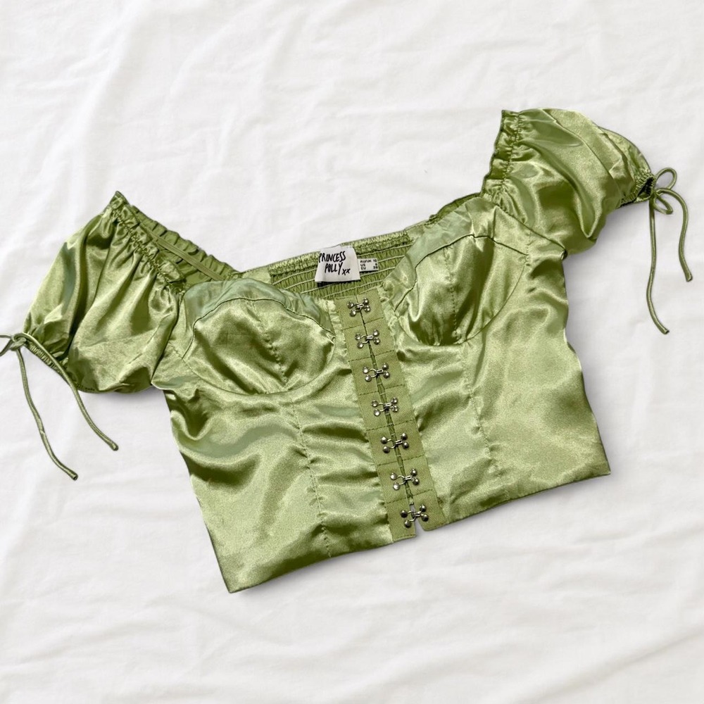 Princess Polly Sage Green Satin Corset Top Puff Sleeve Bustier Size 6